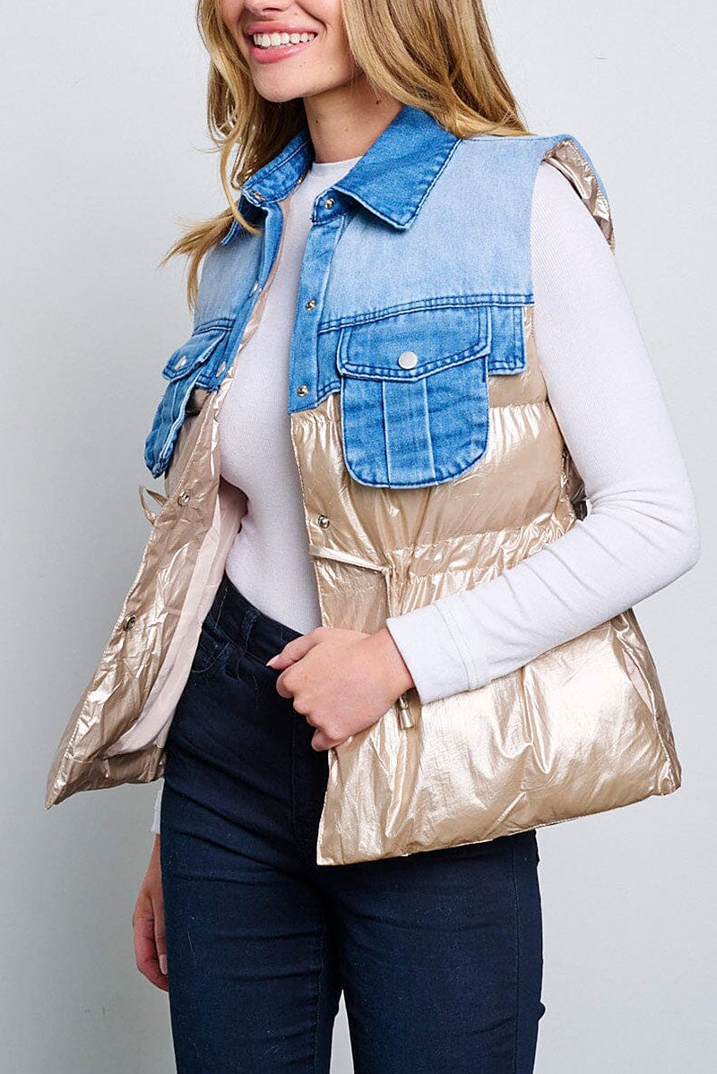 Front pockets denim contrast puffer vest (RVWT6390)