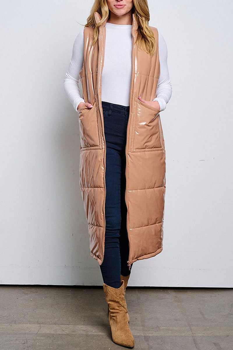 Zip up front pockets pu pleather long puffer vest (RVWT6393)