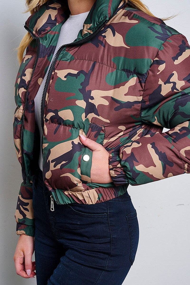 Zip up front pockets puffer camo print jacket (RVWT6394)