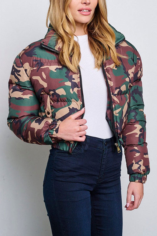 Zip up front pockets puffer camo print jacket (RVWT6394)