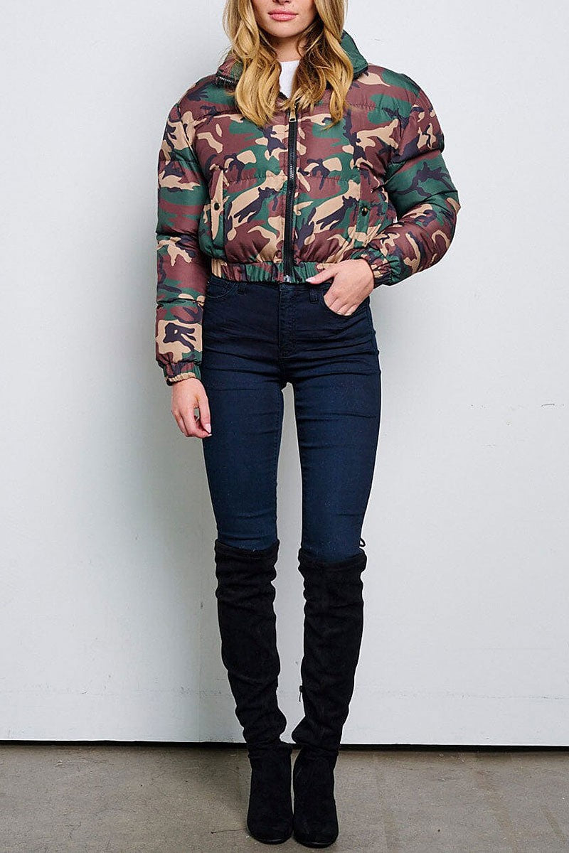 Zip up front pockets puffer camo print jacket (RVWT6394)