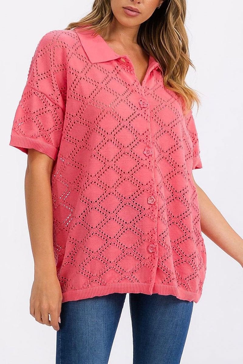 Short sleeve button up knit detailed top (RVWT6395)