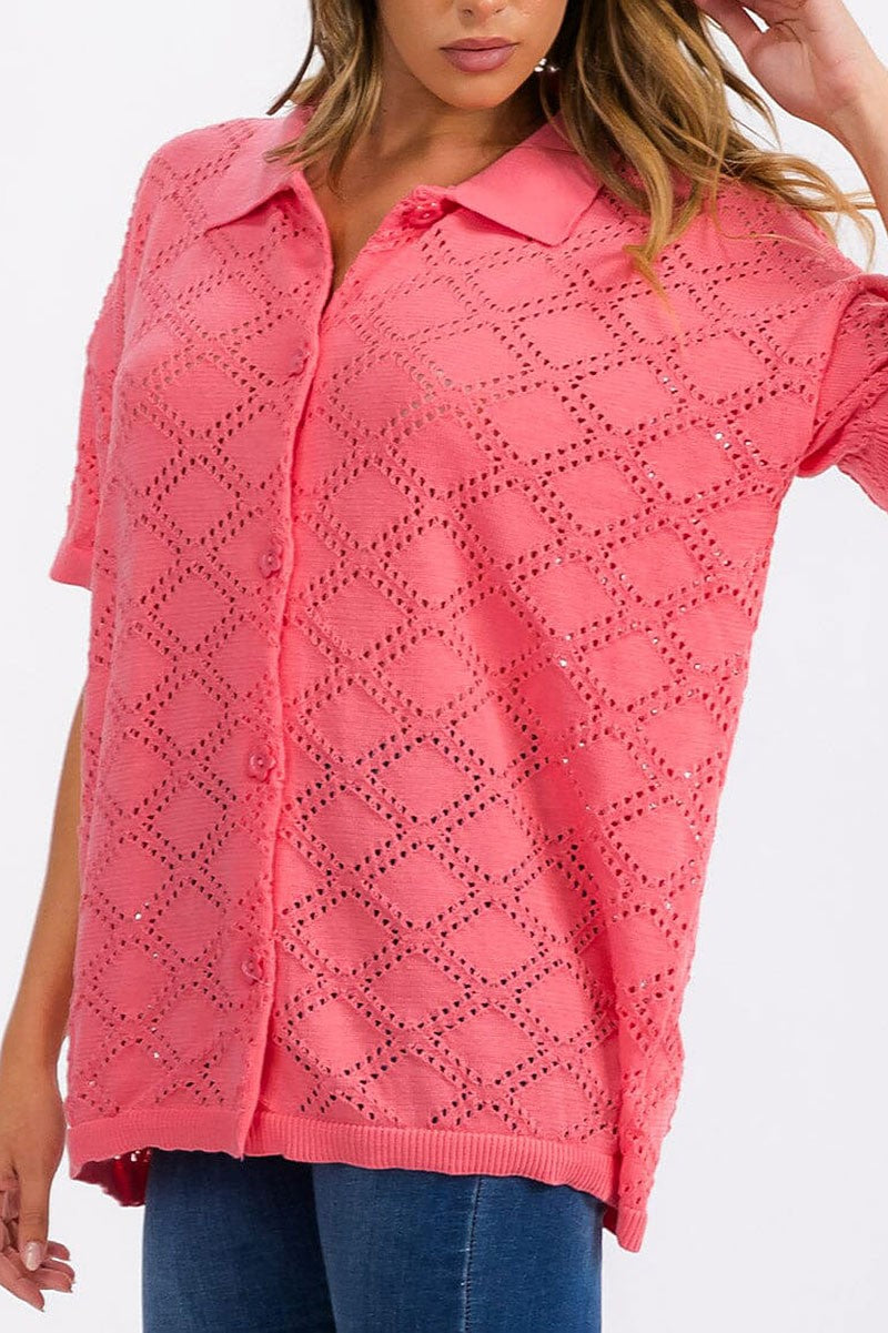 Short sleeve button up knit detailed top (RVWT6395)