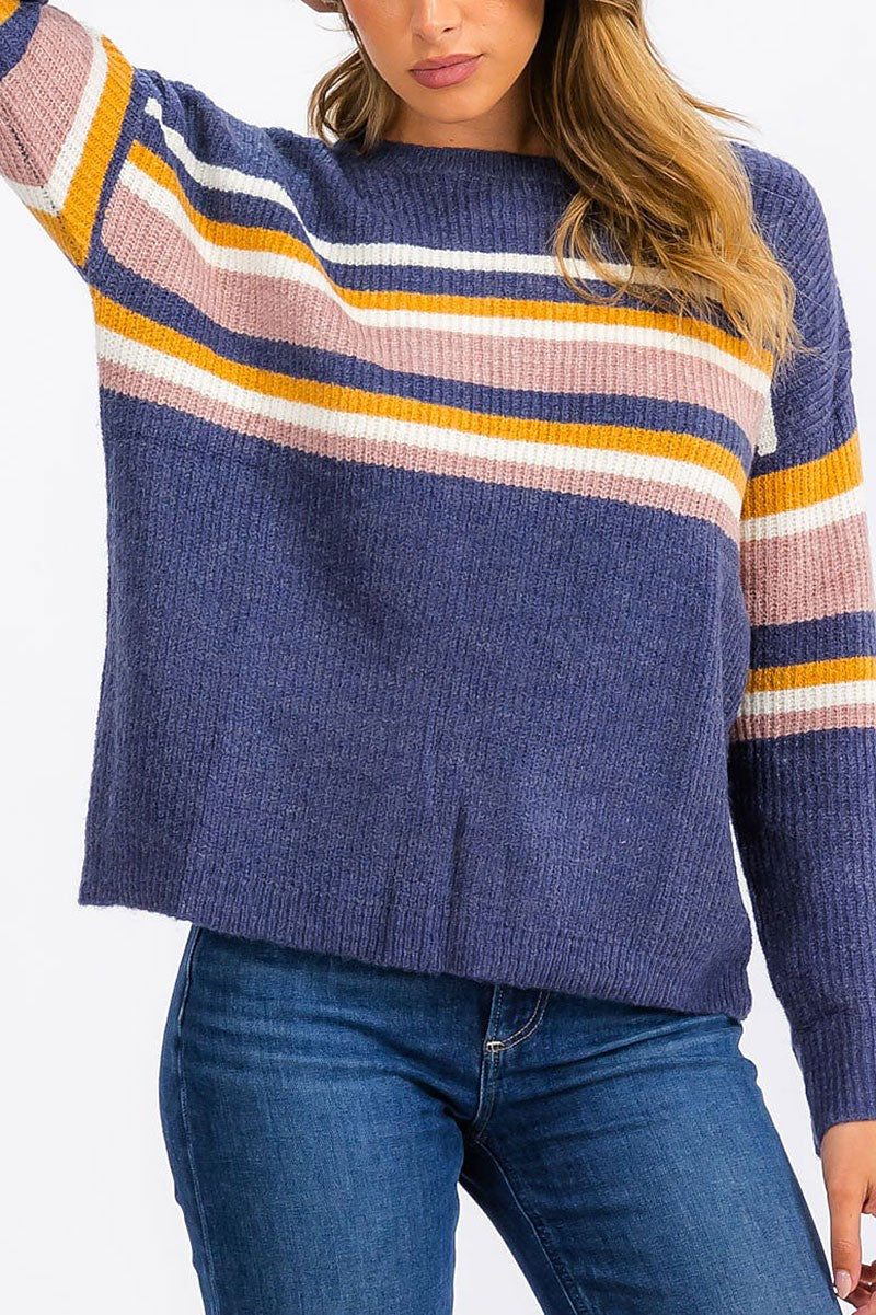 Long sleeve stripes colorblock pullover sweater (RVWT6407)