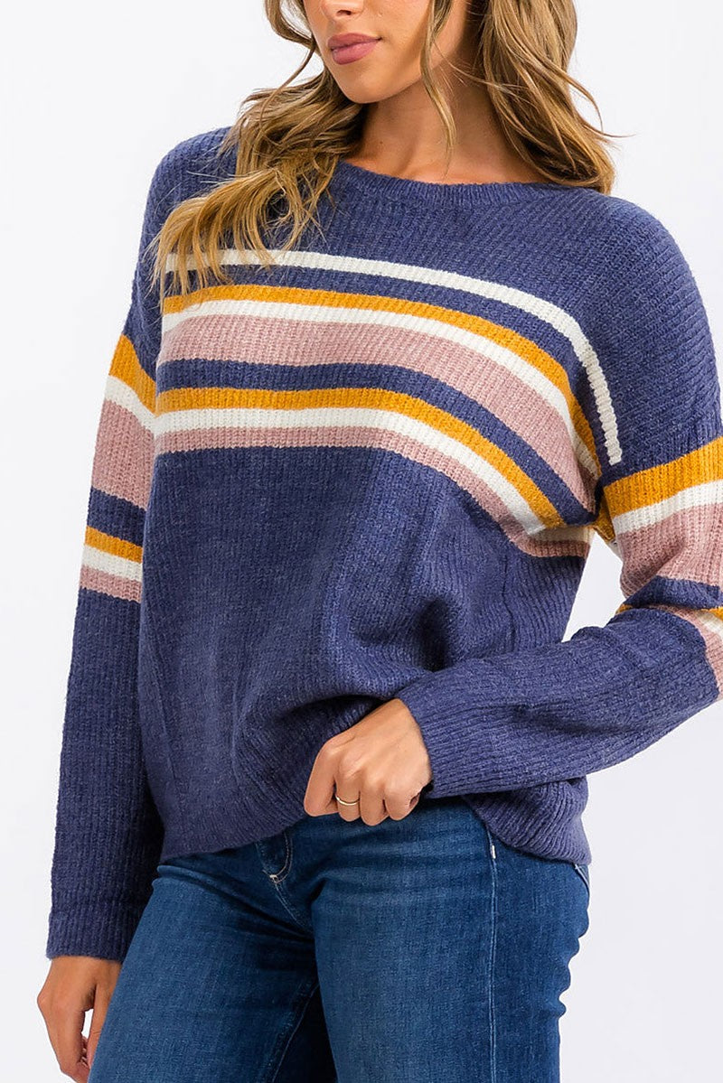 Long sleeve stripes colorblock pullover sweater (RVWT6407)