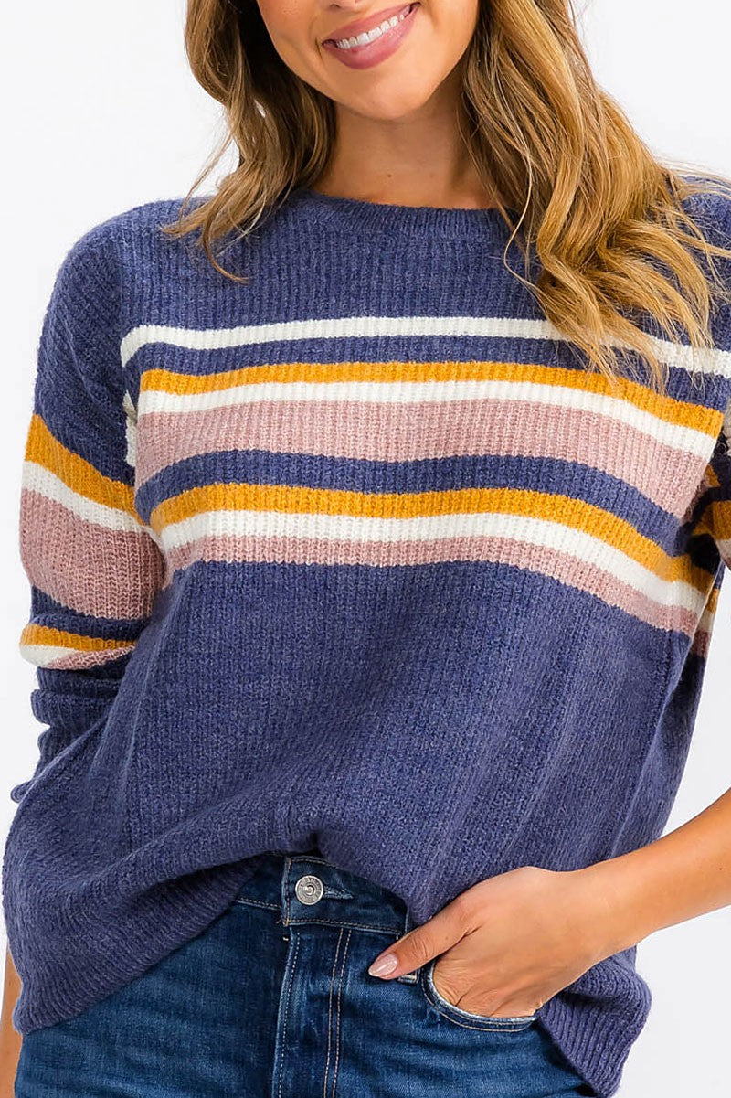 Long sleeve stripes colorblock pullover sweater (RVWT6407)