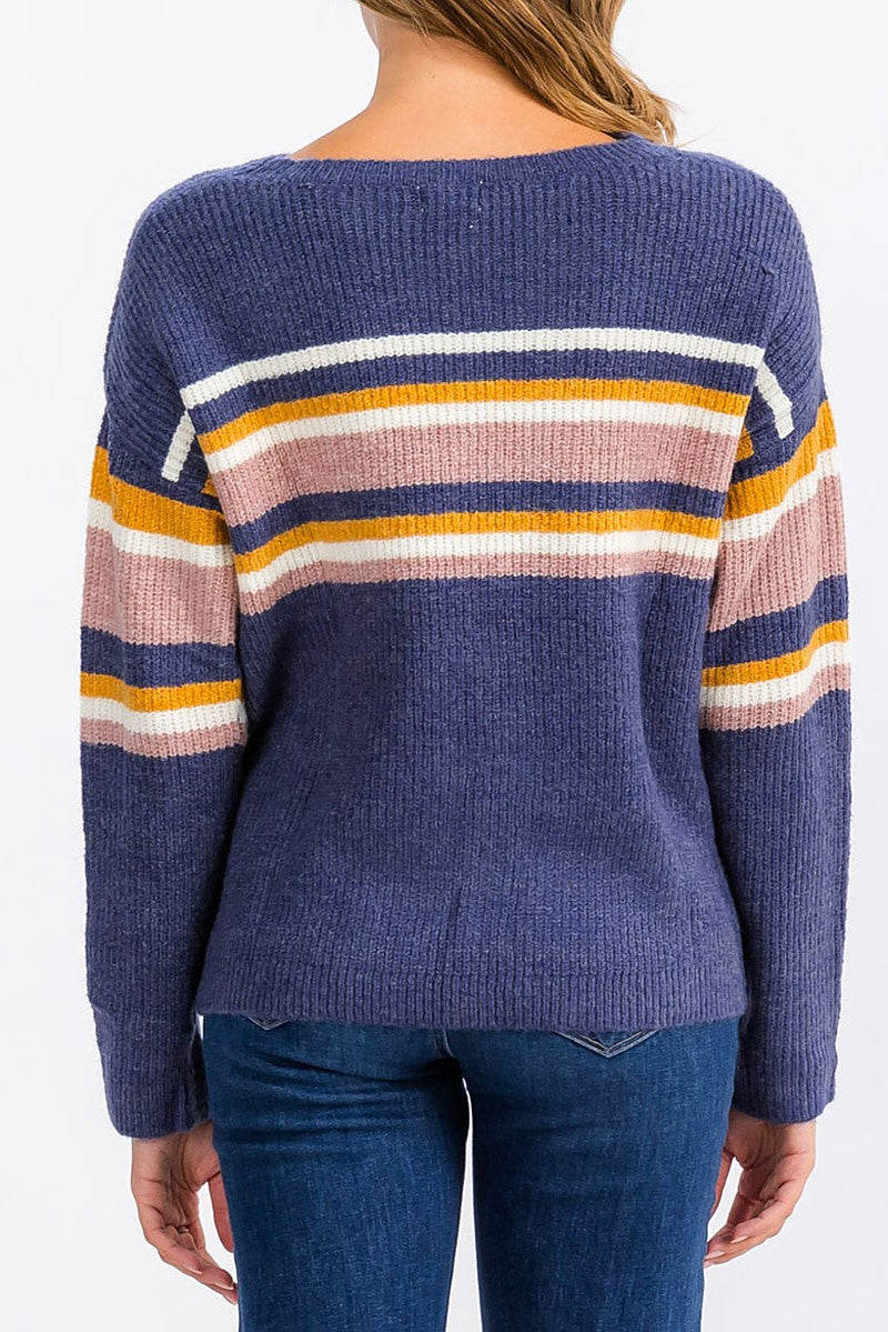 Long sleeve stripes colorblock pullover sweater (RVWT6407)