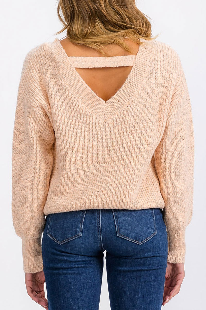 Long sleeve back detailed knit pullover sweater (RVWT6408)