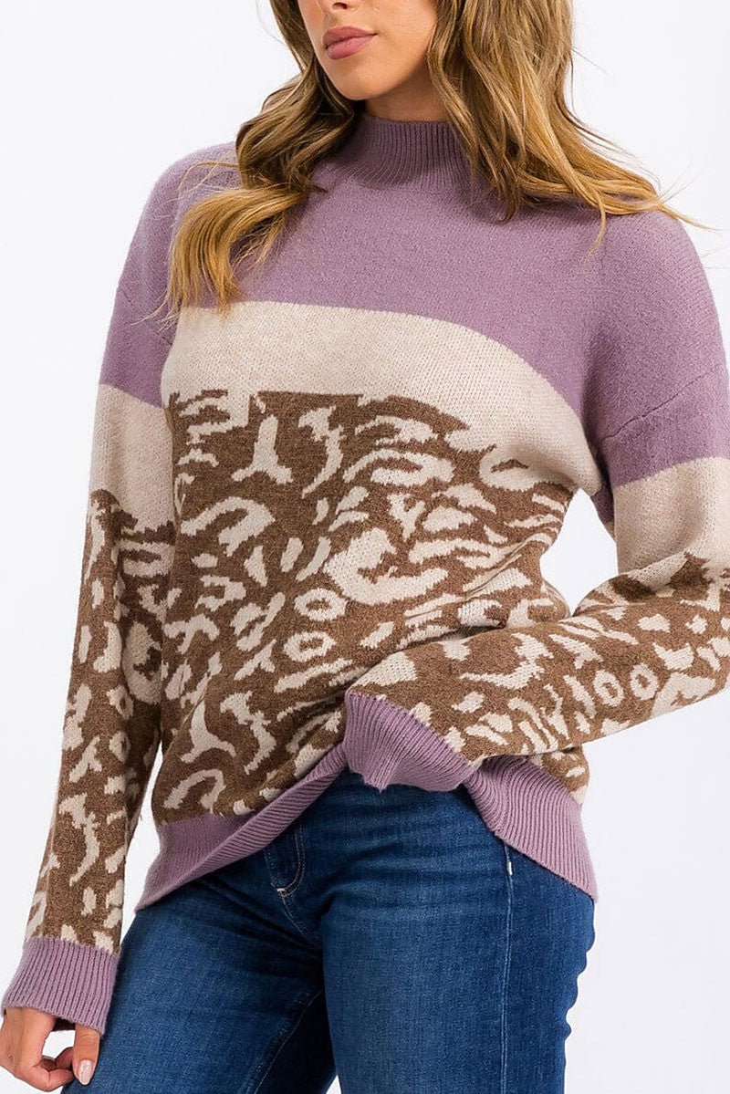 Colorblock animal print detailed pullover sweater (RVWT6410)