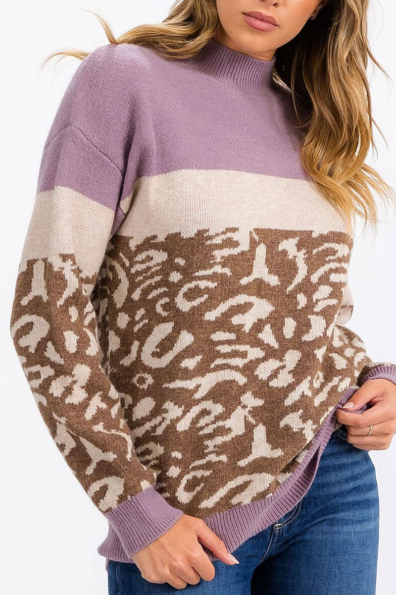 Colorblock animal print detailed pullover sweater (RVWT6410)