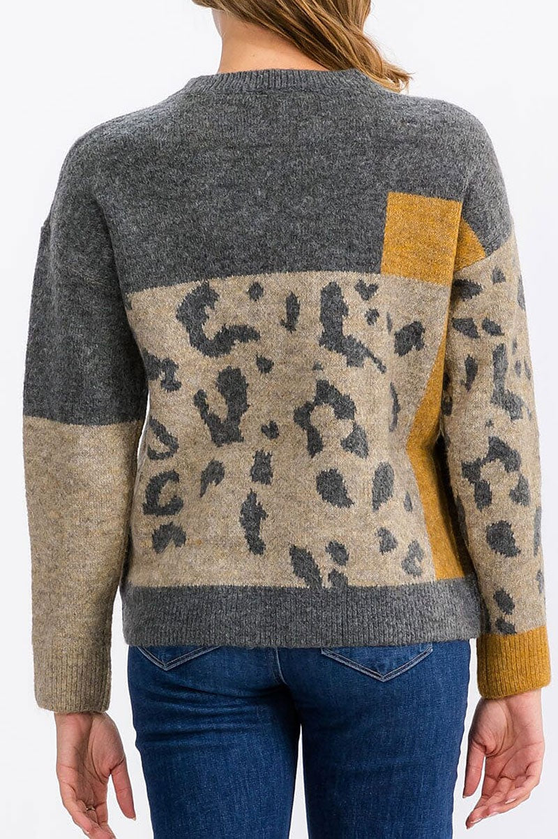 Colorblock animal print pullover sweater (RVWT6439)