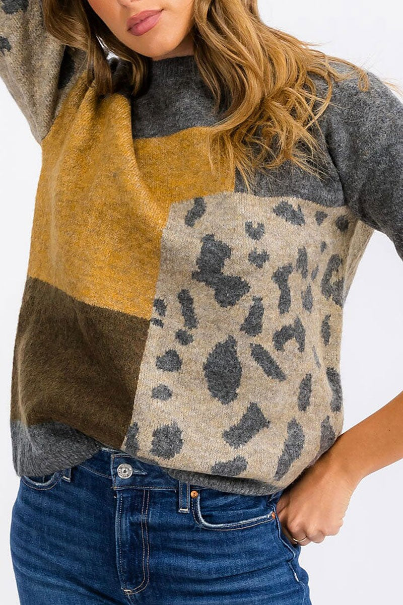 Colorblock animal print pullover sweater (RVWT6439)