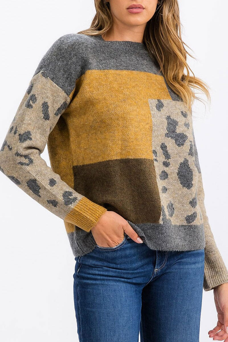 Colorblock animal print pullover sweater (RVWT6439)