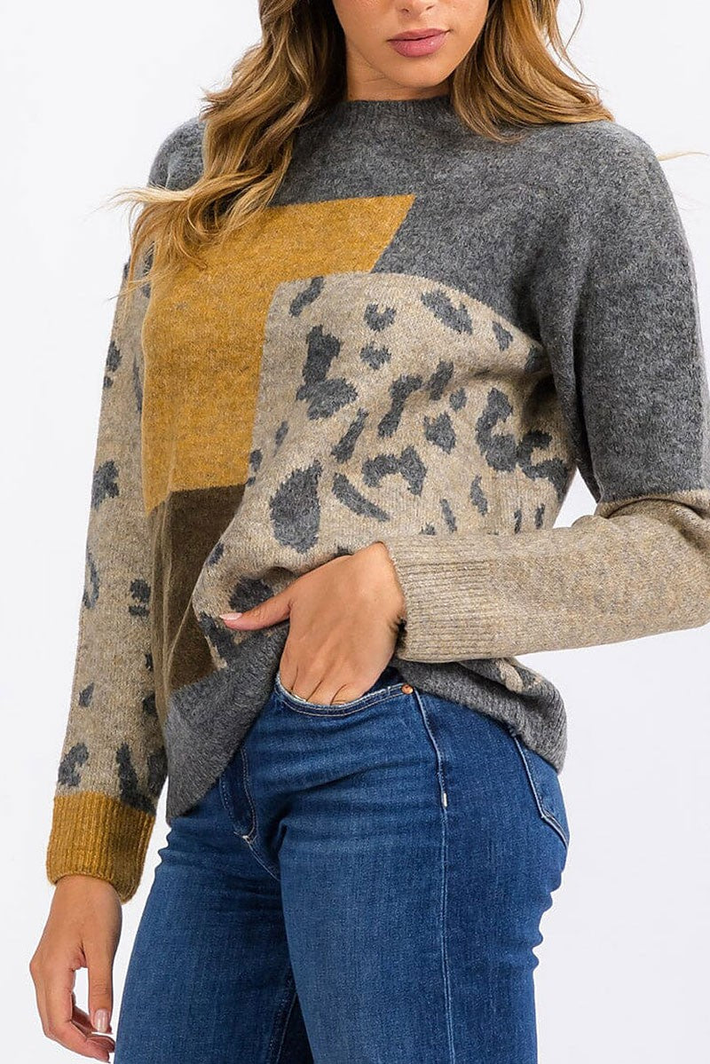 Colorblock animal print pullover sweater (RVWT6439)