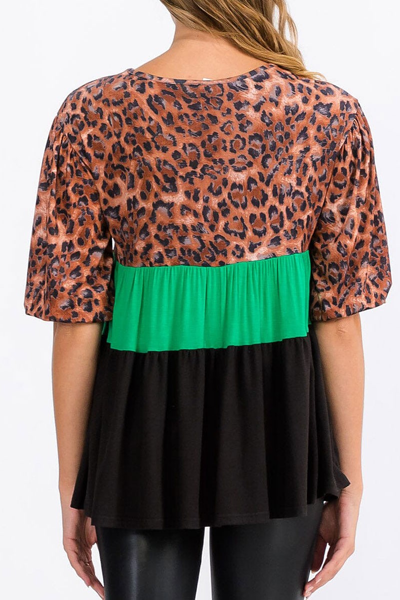 Short sleeve tunic animal print colorblock top (RVWT6465)