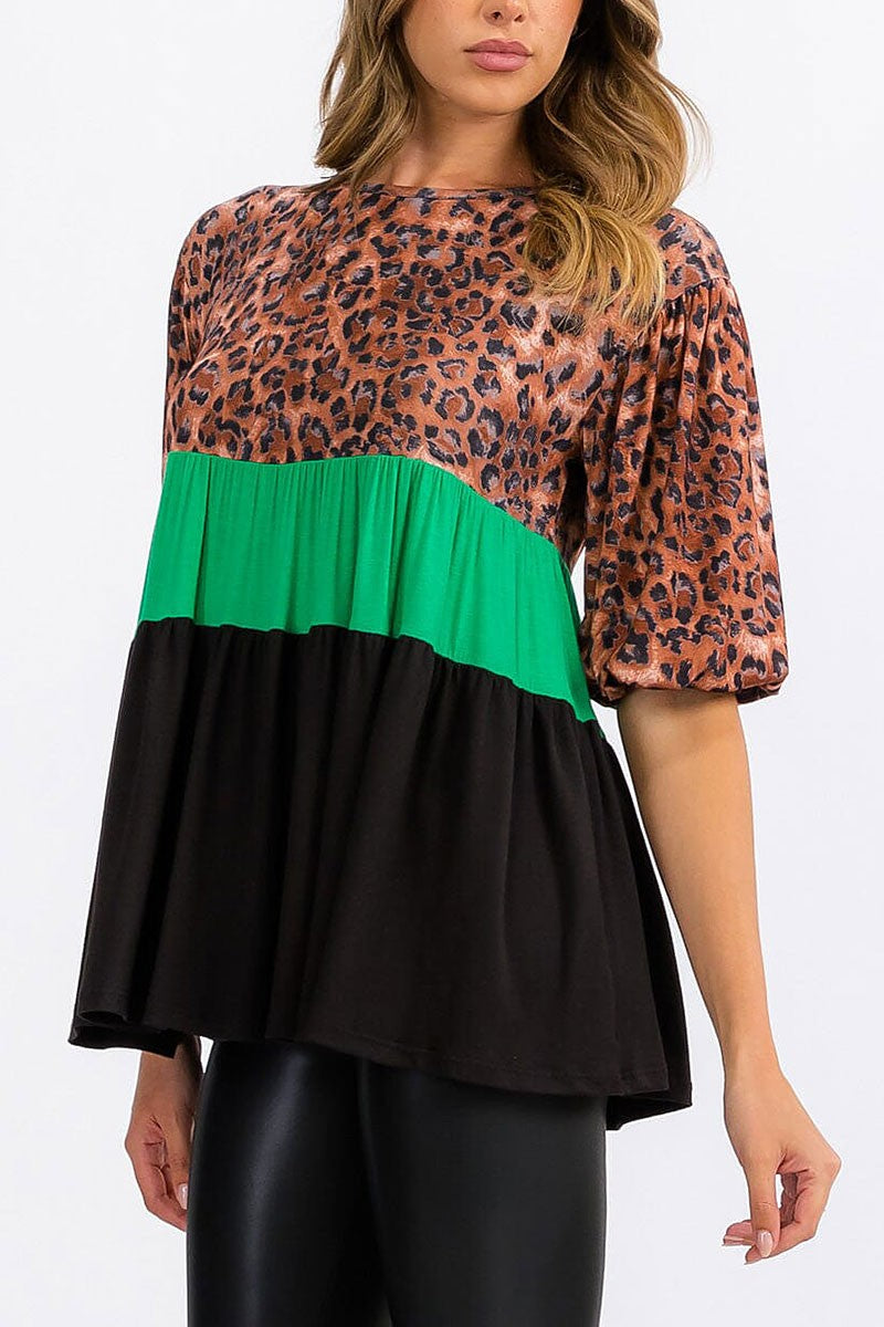 Short sleeve tunic animal print colorblock top (RVWT6465)