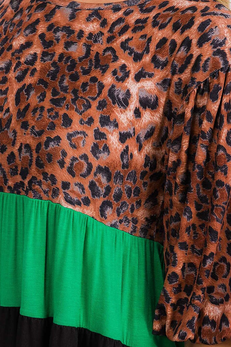 Short sleeve tunic animal print colorblock top (RVWT6465)