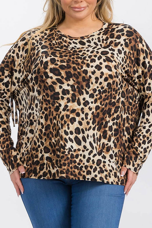 Long sleeve fringe animal print blouse top (RVWT6472)