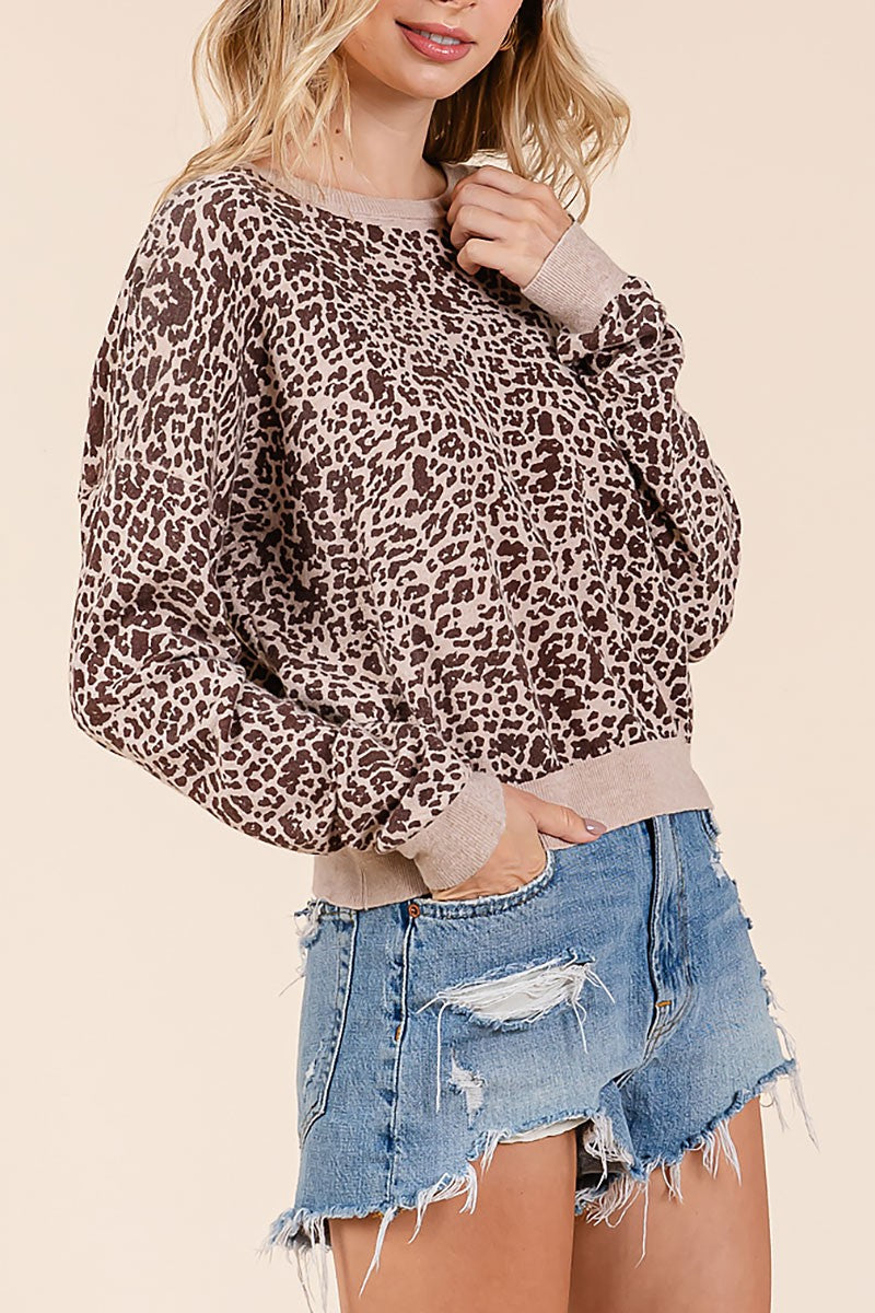 Boat neck loose fit leopard knit top (RSH2449)