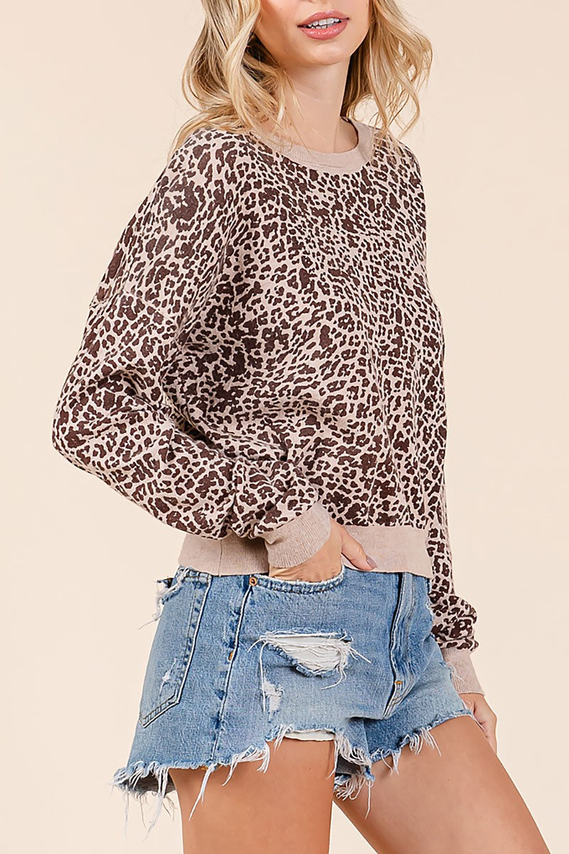 Boat neck loose fit leopard knit top (RSH2449)