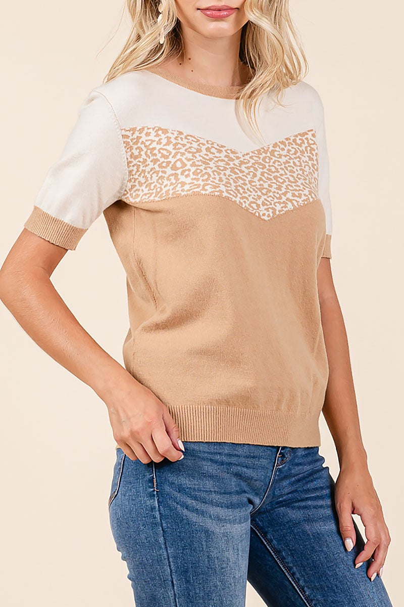 Leopard crew neck color block knit sweater (RSH2455)