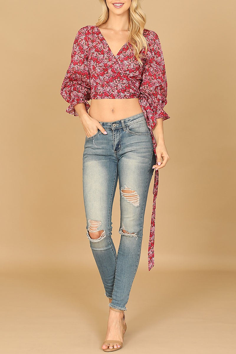 Floral puff sleeve tie crop top (RT8427)