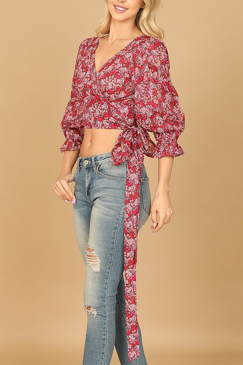 Floral puff sleeve tie crop top (RT8427)