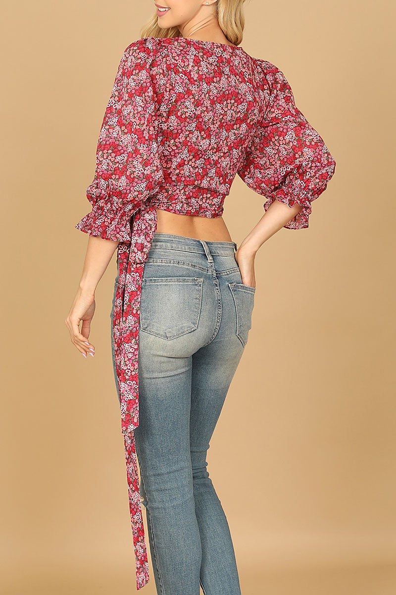 Floral puff sleeve tie crop top (RT8427)