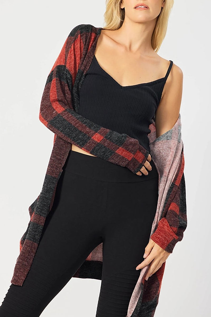 Plaid open front long cardigan (RSSW4719)