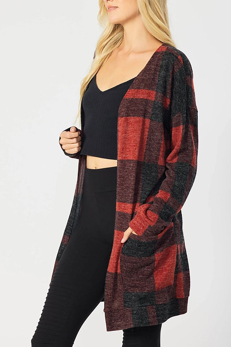 Plaid open front long cardigan (RSSW4719)