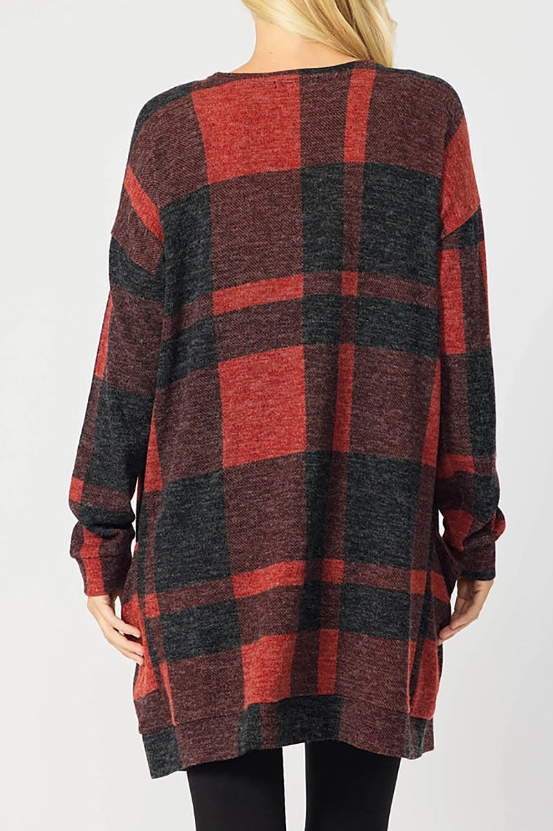 Plaid open front long cardigan (RSSW4719)