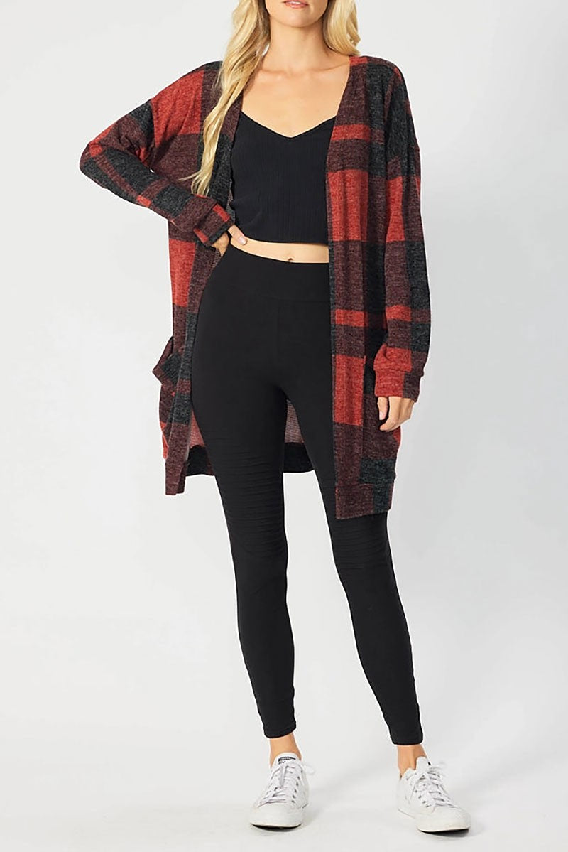 Plaid open front long cardigan (RSSW4719)