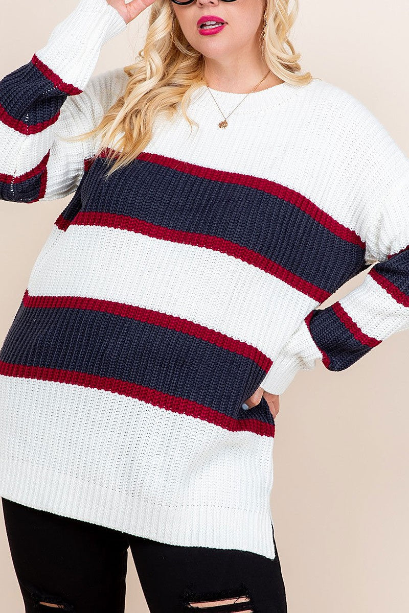 Varsity stripe side slit plus size sweater (RSSW4722)