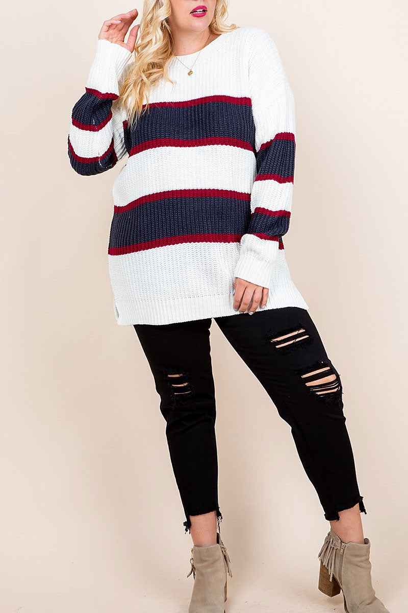 Varsity stripe side slit plus size sweater (RSSW4722)