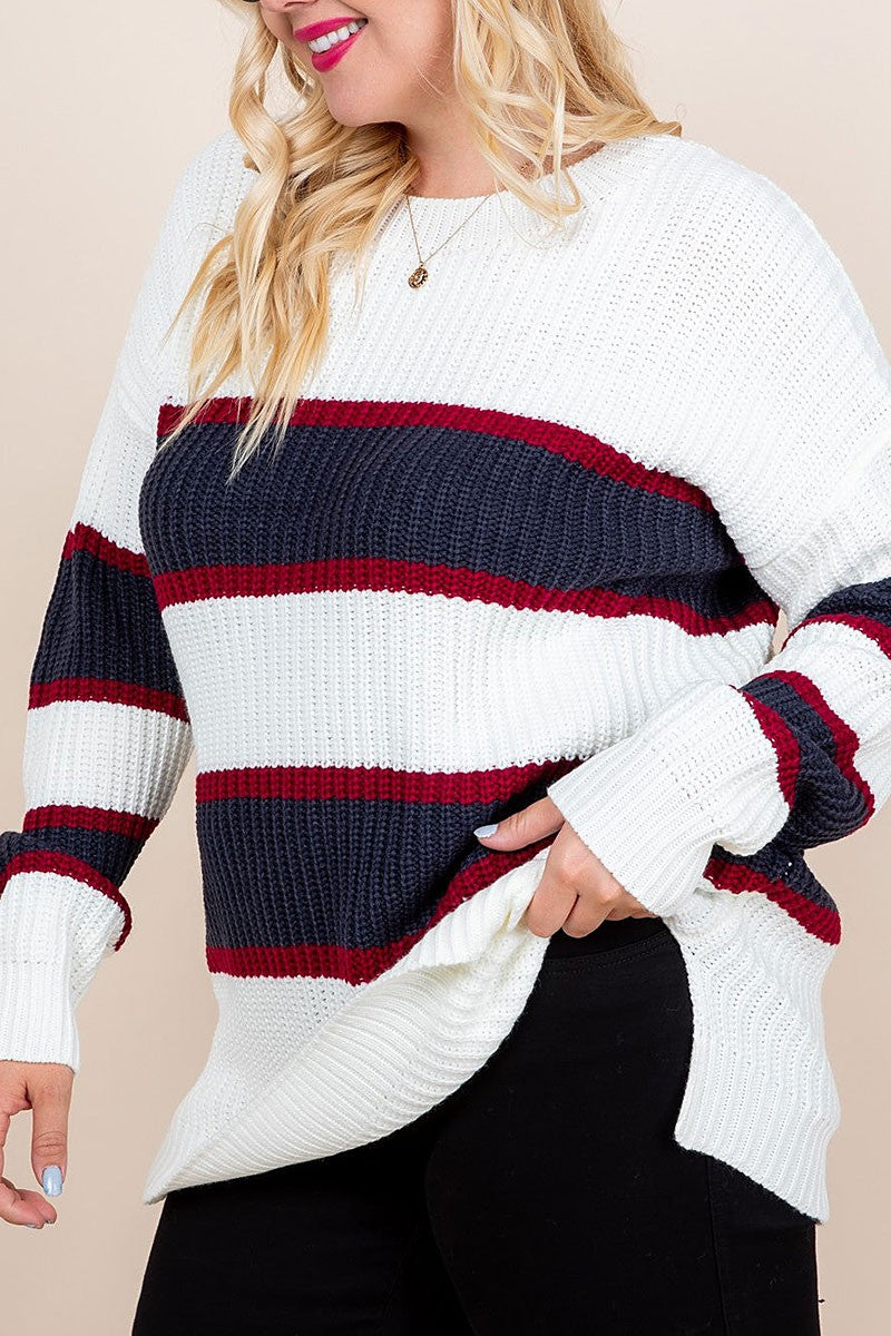 Varsity stripe side slit plus size sweater (RSSW4722)