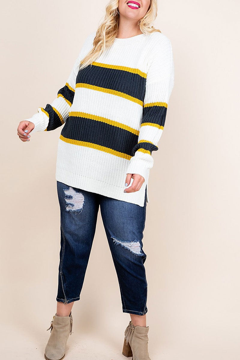 Varsity stripe side slit plus size sweater (RSSW4722)