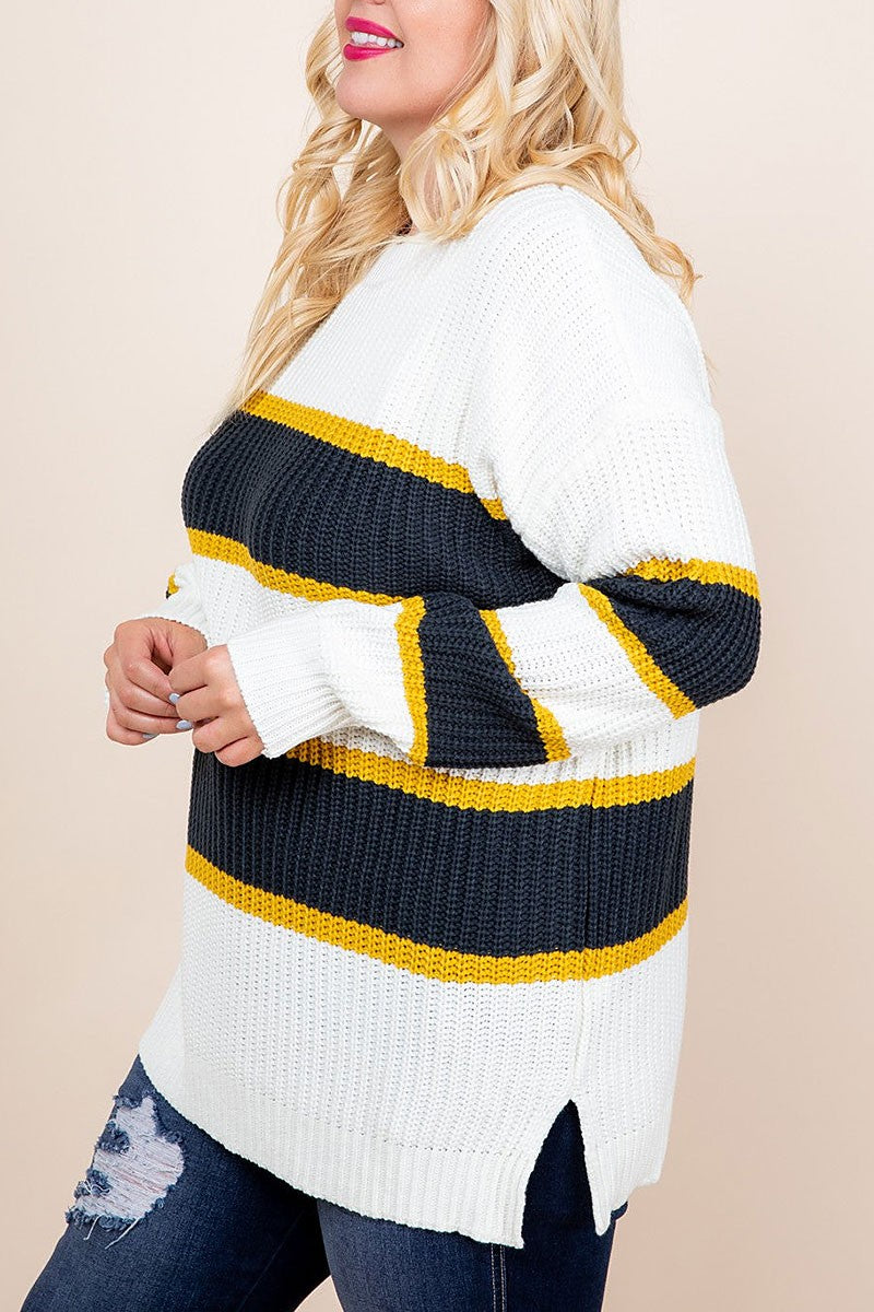 Varsity stripe side slit plus size sweater (RSSW4722)