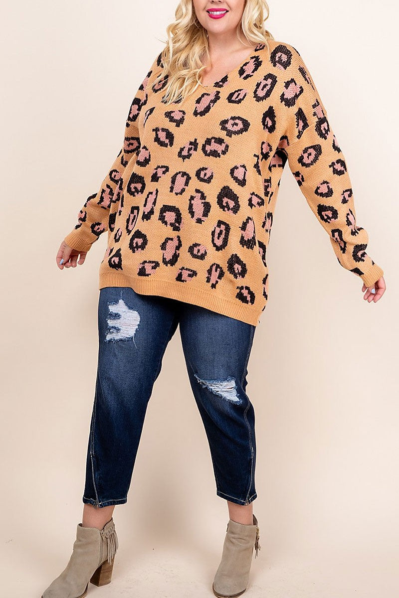 Leopard print soft knit plus size sweater (RSSW4726)