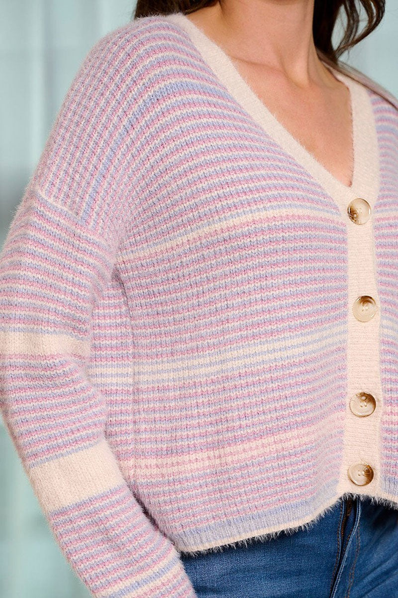 Button up colorblock stripes sweater cardigan (RVWT6562)