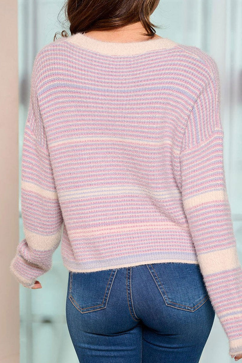 Button up colorblock stripes sweater cardigan (RVWT6562)