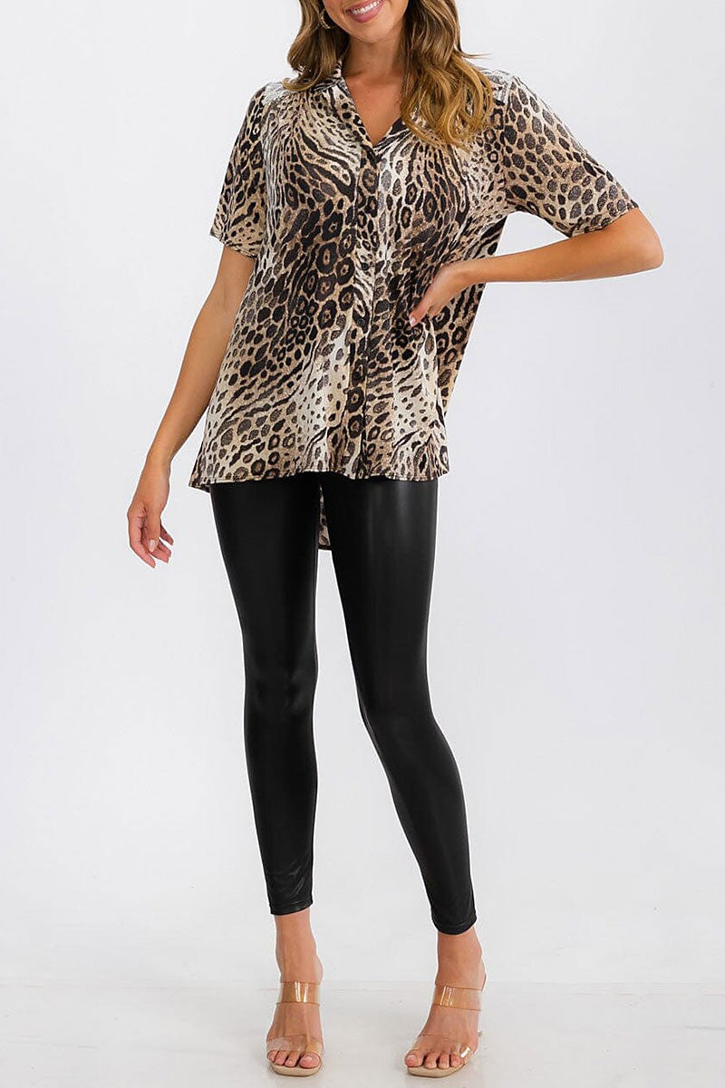 Short sleeve button up tunic animal print top (RVWT6577)