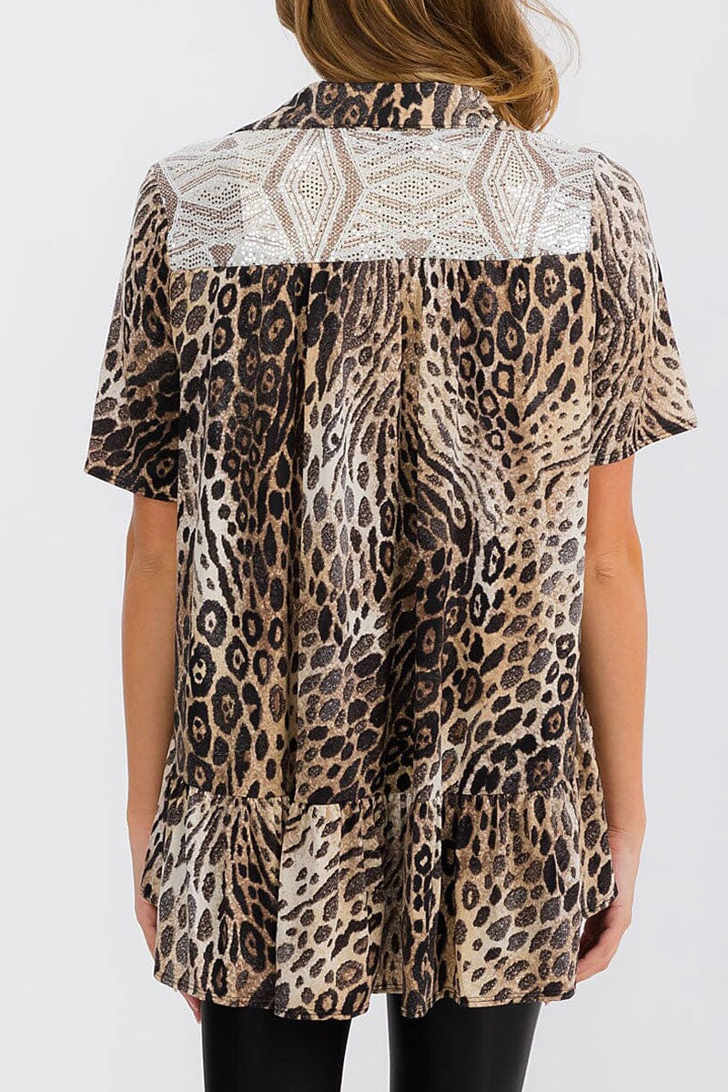 Short sleeve button up tunic animal print top (RVWT6577)