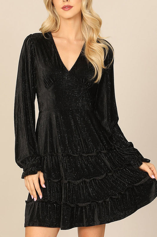 Velvet long sleeve silver lining ruffle dress (RVD1001)