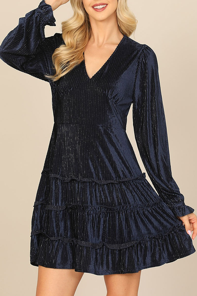 Velvet long sleeve silver lining ruffle dress (RVD1001)