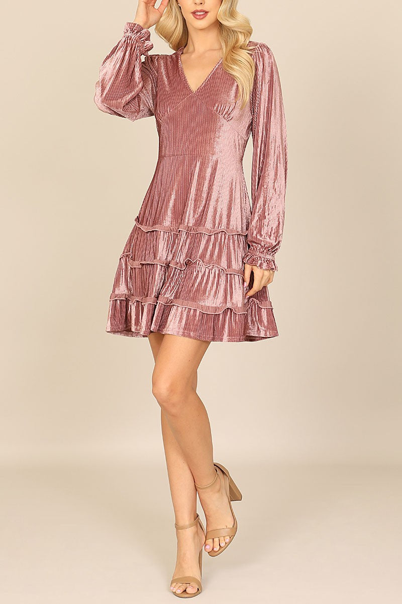 Velvet long sleeve silver lining ruffle dress (RVD1001)