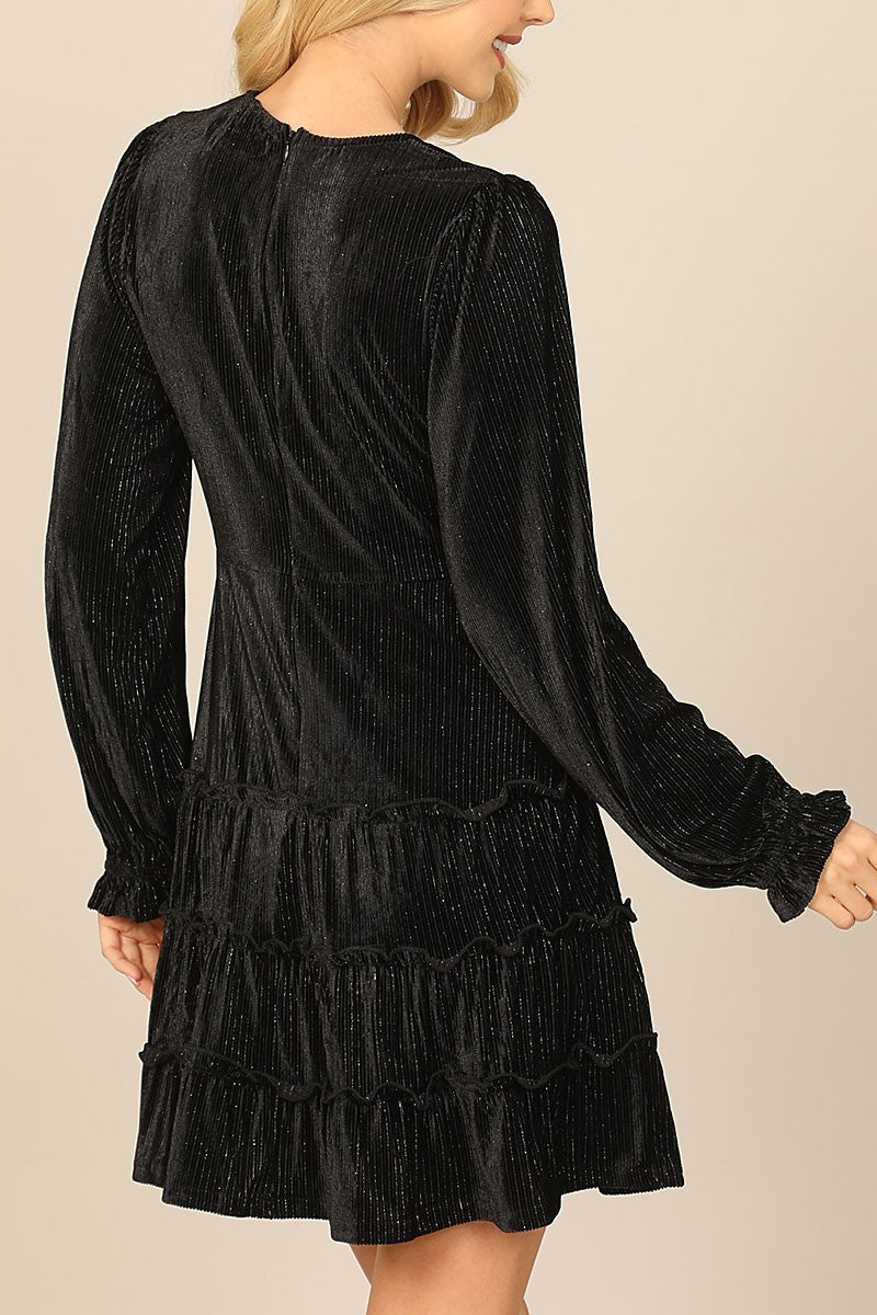 Velvet long sleeve silver lining ruffle dress (RVD1001)