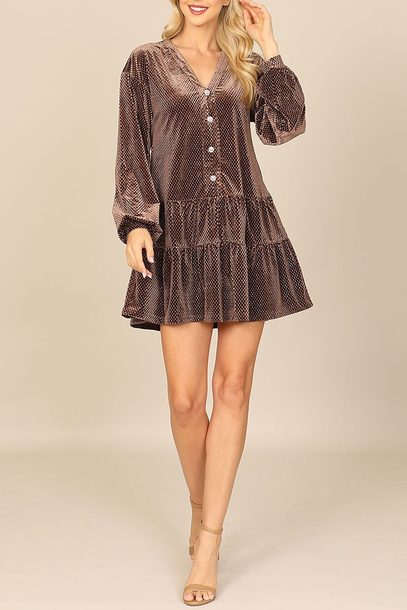 Velvet puff sleeve button detail silver dress (RVD1002)