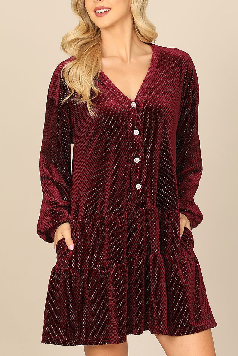 Velvet puff sleeve button detail silver dress (RVD1002)