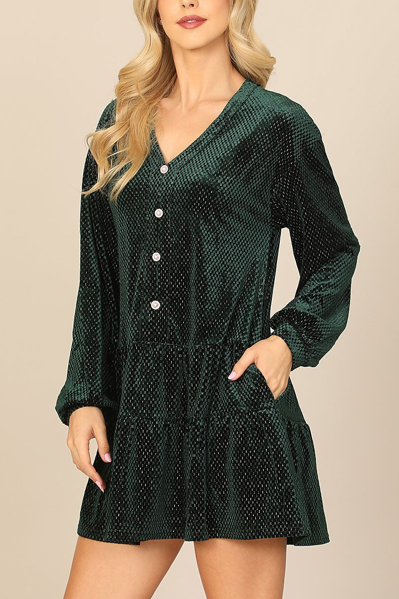 Velvet puff sleeve button detail silver dress (RVD1002)