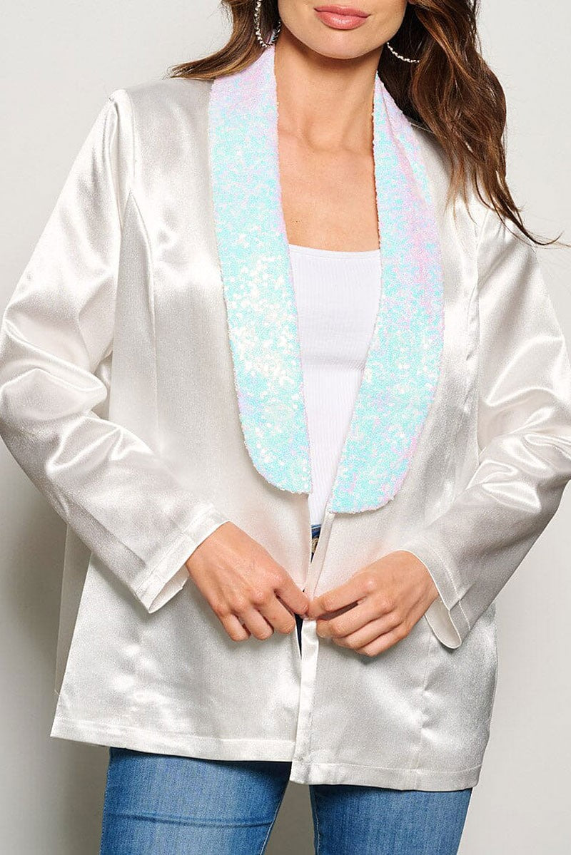 Long sleeve open front sequins collar blazer (RVWT6605)